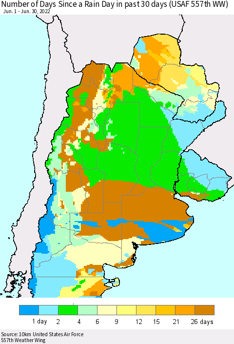 Southern South America Number of Days Since a Rain Day in past 30 days (USAF 557th WW) Thematic Map For 6/26/2022 - 6/30/2022