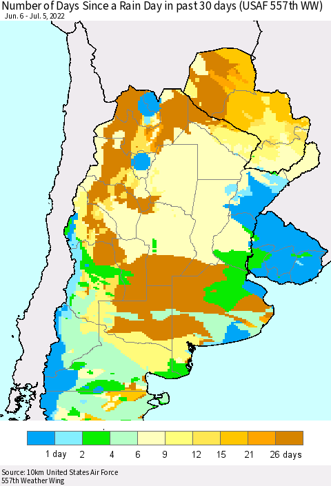 Southern South America Number of Days Since a Rain Day in past 30 days (USAF 557th WW) Thematic Map For 7/1/2022 - 7/5/2022