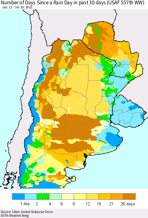 Southern South America Number of Days Since a Rain Day in past 30 days (USAF 557th WW) Thematic Map For 7/6/2022 - 7/10/2022