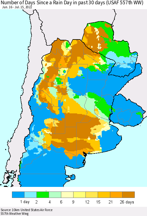 Southern South America Number of Days Since a Rain Day in past 30 days (USAF 557th WW) Thematic Map For 7/11/2022 - 7/15/2022