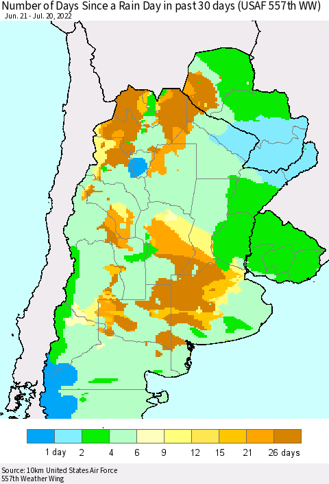 Southern South America Number of Days Since a Rain Day in past 30 days (USAF 557th WW) Thematic Map For 7/16/2022 - 7/20/2022