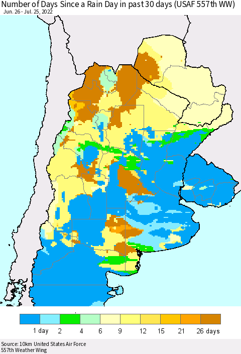 Southern South America Number of Days Since a Rain Day in past 30 days (USAF 557th WW) Thematic Map For 7/21/2022 - 7/25/2022