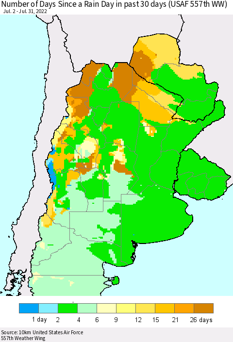 Southern South America Number of Days Since a Rain Day in past 30 days (USAF 557th WW) Thematic Map For 7/26/2022 - 7/31/2022