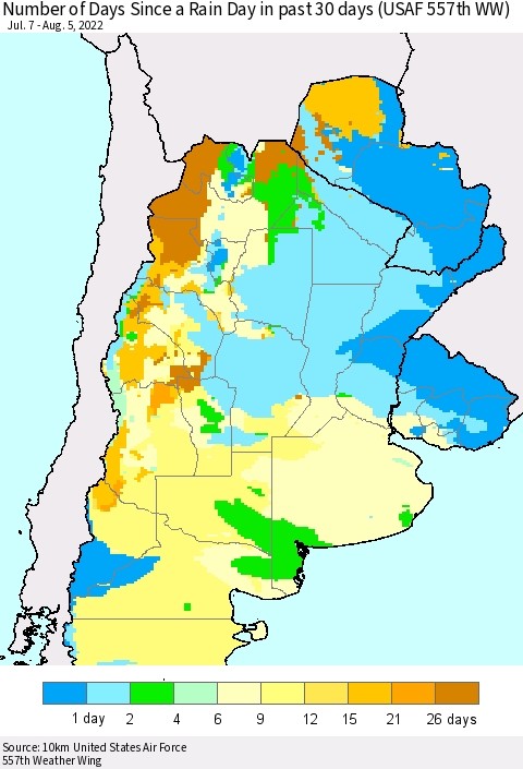 Southern South America Number of Days Since a Rain Day in past 30 days (USAF 557th WW) Thematic Map For 8/1/2022 - 8/5/2022