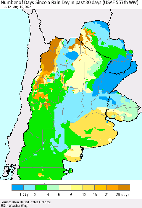 Southern South America Number of Days Since a Rain Day in past 30 days (USAF 557th WW) Thematic Map For 8/6/2022 - 8/10/2022