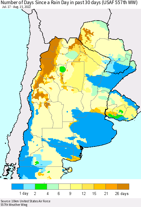 Southern South America Number of Days Since a Rain Day in past 30 days (USAF 557th WW) Thematic Map For 8/11/2022 - 8/15/2022