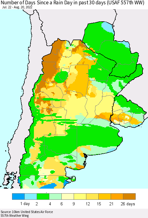 Southern South America Number of Days Since a Rain Day in past 30 days (USAF 557th WW) Thematic Map For 8/16/2022 - 8/20/2022