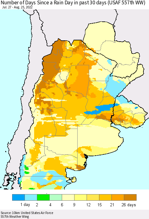 Southern South America Number of Days Since a Rain Day in past 30 days (USAF 557th WW) Thematic Map For 8/21/2022 - 8/25/2022