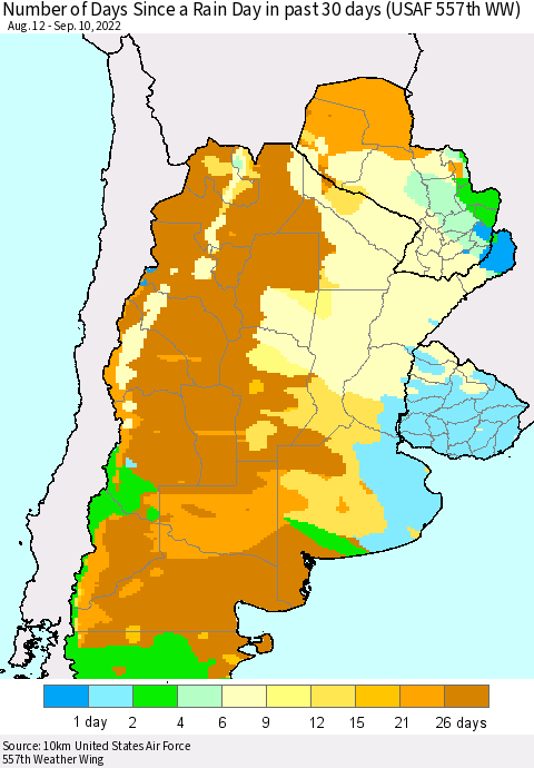 Southern South America Number of Days Since a Rain Day in past 30 days (USAF 557th WW) Thematic Map For 9/6/2022 - 9/10/2022