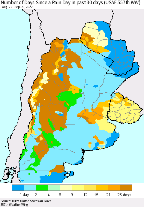 Southern South America Number of Days Since a Rain Day in past 30 days (USAF 557th WW) Thematic Map For 9/16/2022 - 9/20/2022