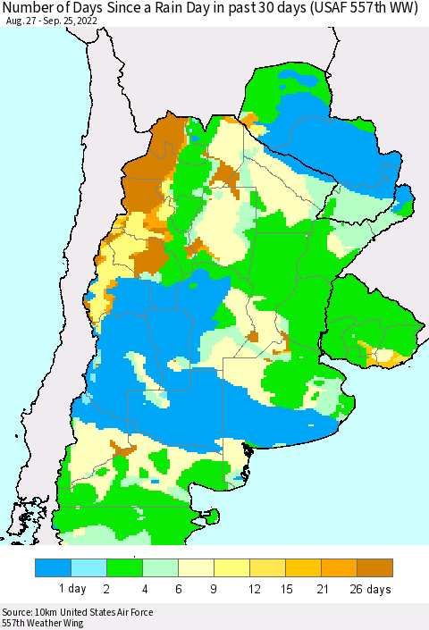 Southern South America Number of Days Since a Rain Day in past 30 days (USAF 557th WW) Thematic Map For 9/21/2022 - 9/25/2022