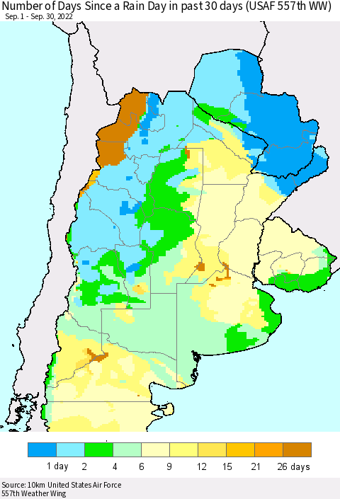 Southern South America Number of Days Since a Rain Day in past 30 days (USAF 557th WW) Thematic Map For 9/26/2022 - 9/30/2022