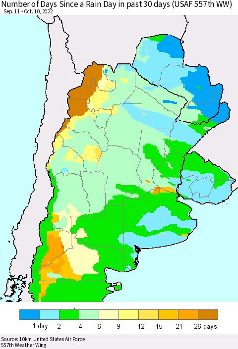 Southern South America Number of Days Since a Rain Day in past 30 days (USAF 557th WW) Thematic Map For 10/6/2022 - 10/10/2022