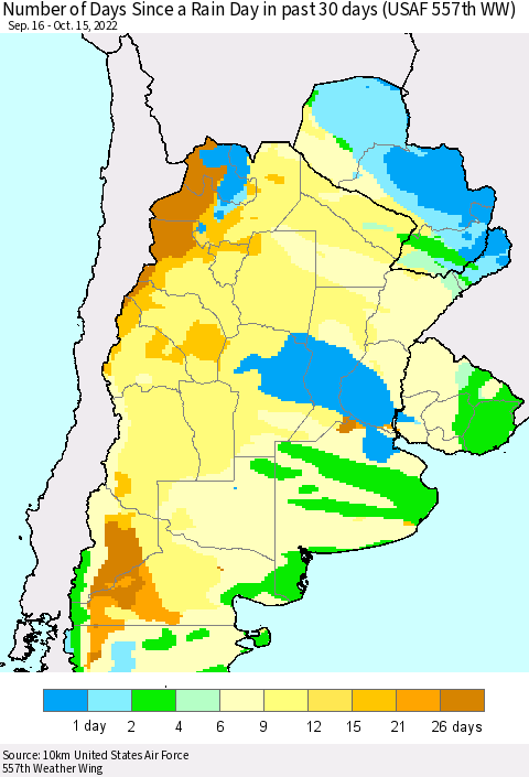 Southern South America Number of Days Since a Rain Day in past 30 days (USAF 557th WW) Thematic Map For 10/11/2022 - 10/15/2022