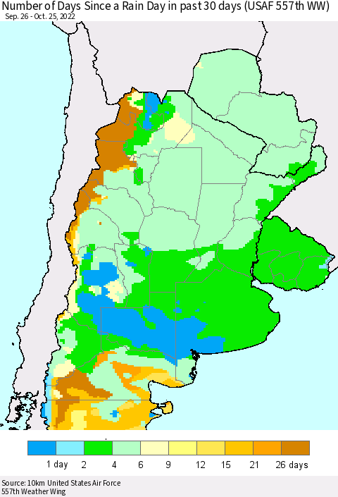 Southern South America Number of Days Since a Rain Day in past 30 days (USAF 557th WW) Thematic Map For 10/21/2022 - 10/25/2022