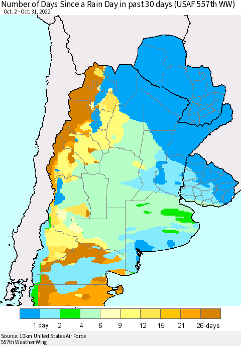 Southern South America Number of Days Since a Rain Day in past 30 days (USAF 557th WW) Thematic Map For 10/26/2022 - 10/31/2022
