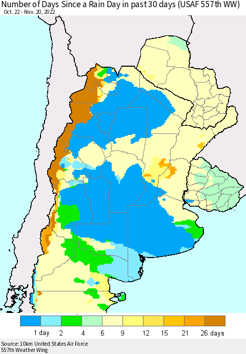 Southern South America Number of Days Since a Rain Day in past 30 days (USAF 557th WW) Thematic Map For 11/16/2022 - 11/20/2022