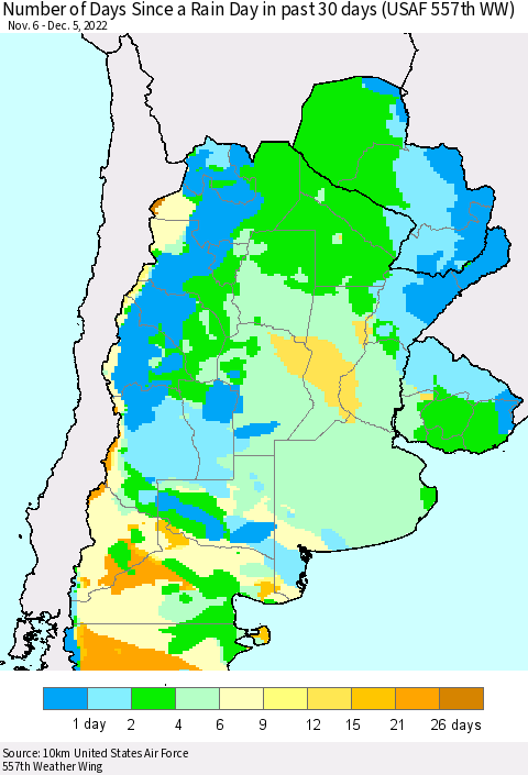 Southern South America Number of Days Since a Rain Day in past 30 days (USAF 557th WW) Thematic Map For 12/1/2022 - 12/5/2022