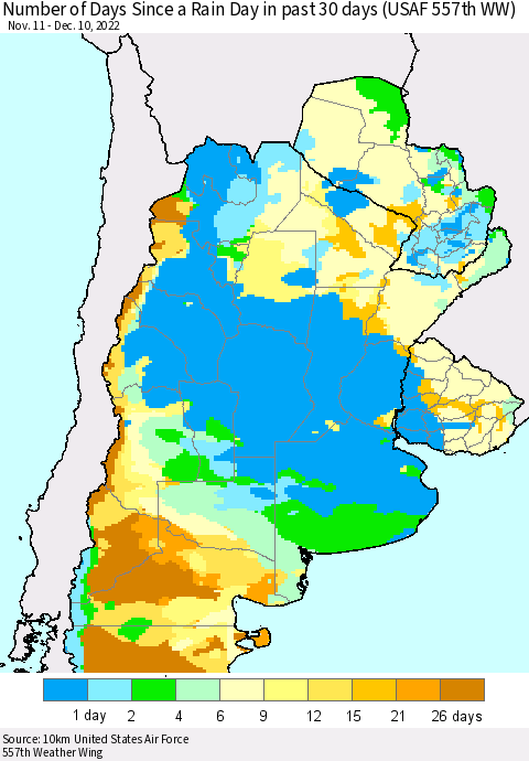 Southern South America Number of Days Since a Rain Day in past 30 days (USAF 557th WW) Thematic Map For 12/6/2022 - 12/10/2022
