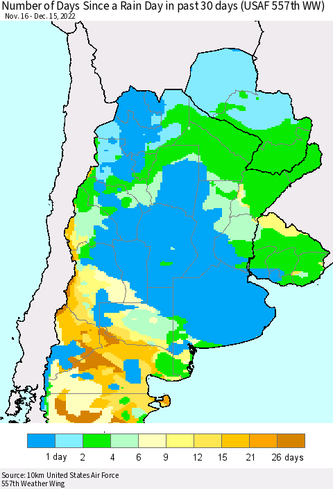 Southern South America Number of Days Since a Rain Day in past 30 days (USAF 557th WW) Thematic Map For 12/11/2022 - 12/15/2022