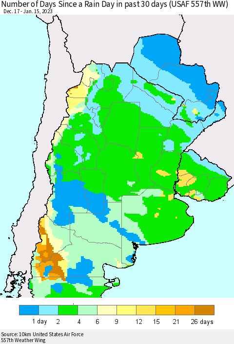 Southern South America Number of Days Since a Rain Day in past 30 days (USAF 557th WW) Thematic Map For 1/11/2023 - 1/15/2023
