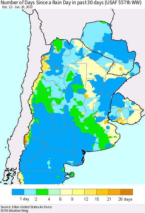 Southern South America Number of Days Since a Rain Day in past 30 days (USAF 557th WW) Thematic Map For 1/16/2023 - 1/20/2023