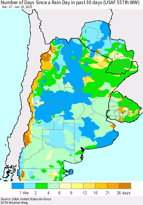 Southern South America Number of Days Since a Rain Day in past 30 days (USAF 557th WW) Thematic Map For 1/21/2023 - 1/25/2023