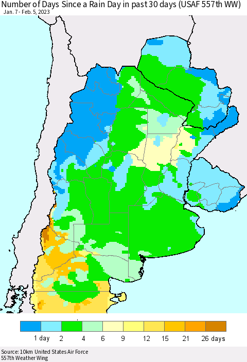 Southern South America Number of Days Since a Rain Day in past 30 days (USAF 557th WW) Thematic Map For 2/1/2023 - 2/5/2023