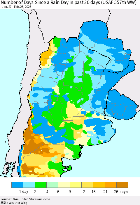 Southern South America Number of Days Since a Rain Day in past 30 days (USAF 557th WW) Thematic Map For 2/21/2023 - 2/25/2023