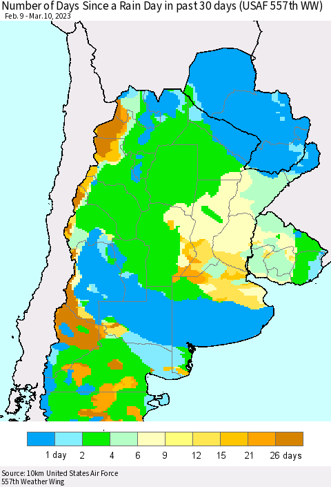 Southern South America Number of Days Since a Rain Day in past 30 days (USAF 557th WW) Thematic Map For 3/6/2023 - 3/10/2023