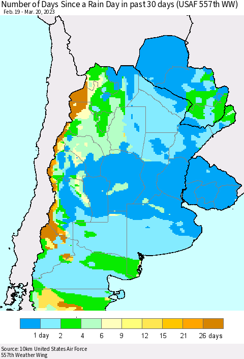Southern South America Number of Days Since a Rain Day in past 30 days (USAF 557th WW) Thematic Map For 3/16/2023 - 3/20/2023