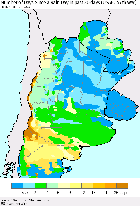 Southern South America Number of Days Since a Rain Day in past 30 days (USAF 557th WW) Thematic Map For 3/26/2023 - 3/31/2023