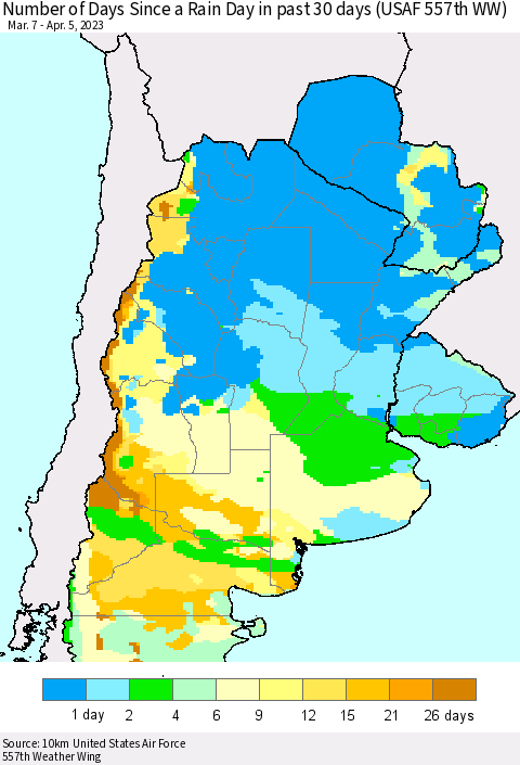 Southern South America Number of Days Since a Rain Day in past 30 days (USAF 557th WW) Thematic Map For 4/1/2023 - 4/5/2023