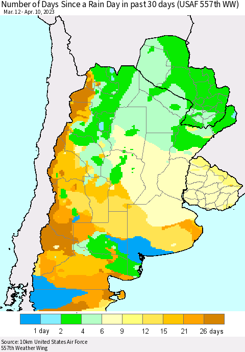 Southern South America Number of Days Since a Rain Day in past 30 days (USAF 557th WW) Thematic Map For 4/6/2023 - 4/10/2023