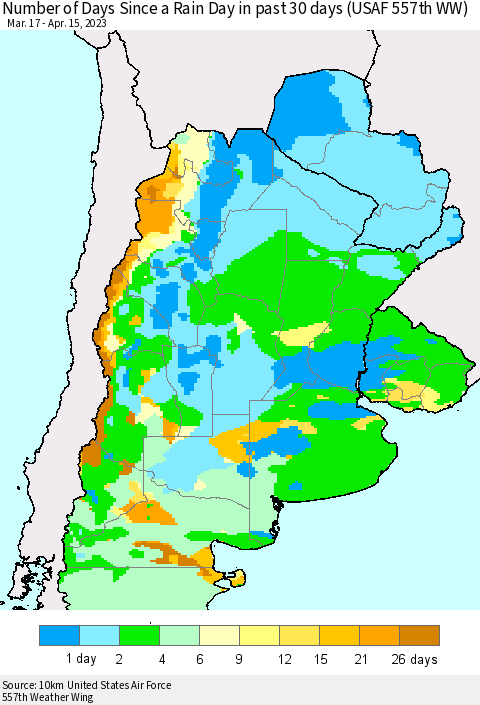 Southern South America Number of Days Since a Rain Day in past 30 days (USAF 557th WW) Thematic Map For 4/11/2023 - 4/15/2023