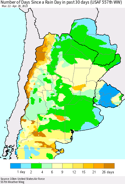 Southern South America Number of Days Since a Rain Day in past 30 days (USAF 557th WW) Thematic Map For 4/16/2023 - 4/20/2023