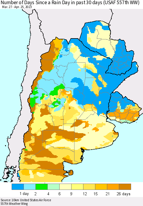 Southern South America Number of Days Since a Rain Day in past 30 days (USAF 557th WW) Thematic Map For 4/21/2023 - 4/25/2023
