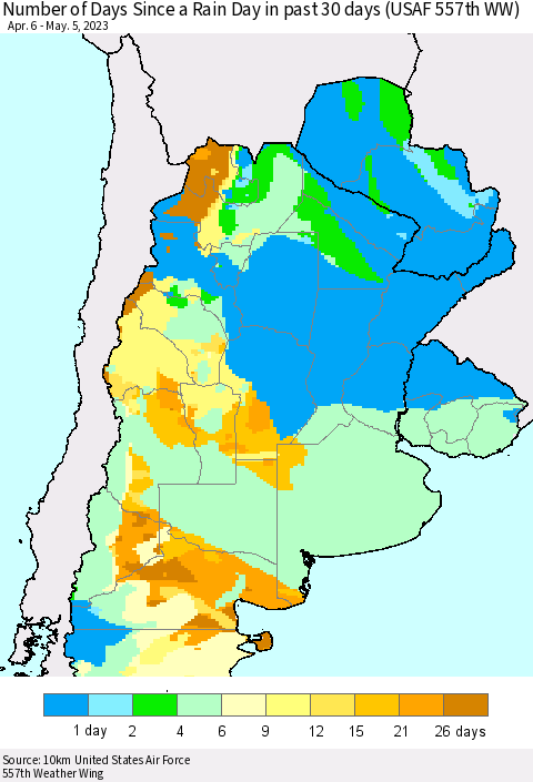 Southern South America Number of Days Since a Rain Day in past 30 days (USAF 557th WW) Thematic Map For 5/1/2023 - 5/5/2023