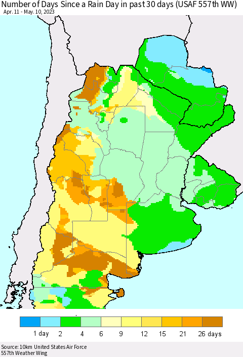 Southern South America Number of Days Since a Rain Day in past 30 days (USAF 557th WW) Thematic Map For 5/6/2023 - 5/10/2023