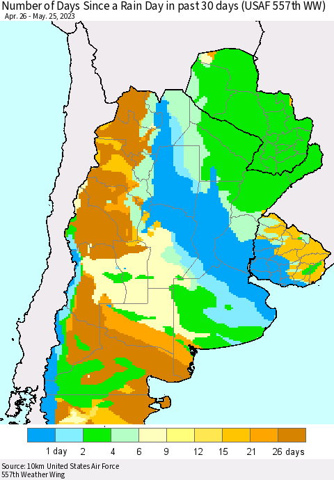 Southern South America Number of Days Since a Rain Day in past 30 days (USAF 557th WW) Thematic Map For 5/21/2023 - 5/25/2023