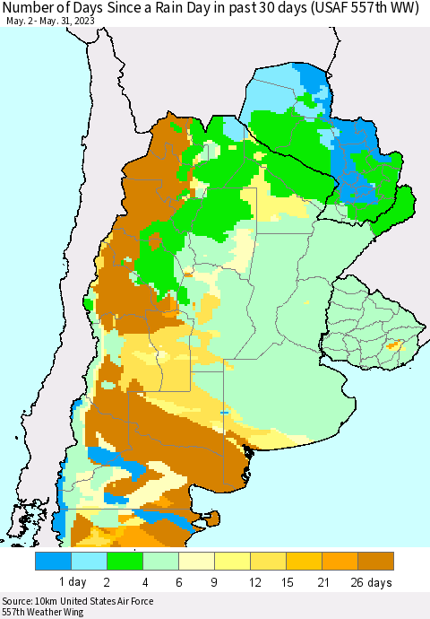 Southern South America Number of Days Since a Rain Day in past 30 days (USAF 557th WW) Thematic Map For 5/26/2023 - 5/31/2023