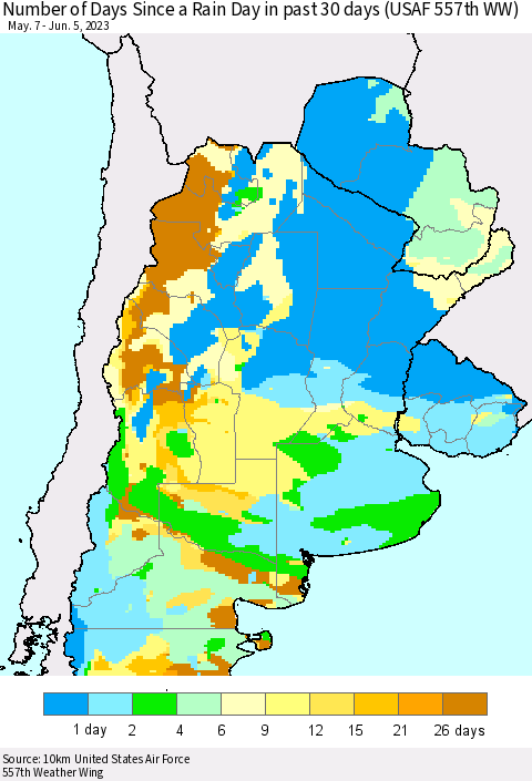 Southern South America Number of Days Since a Rain Day in past 30 days (USAF 557th WW) Thematic Map For 6/1/2023 - 6/5/2023