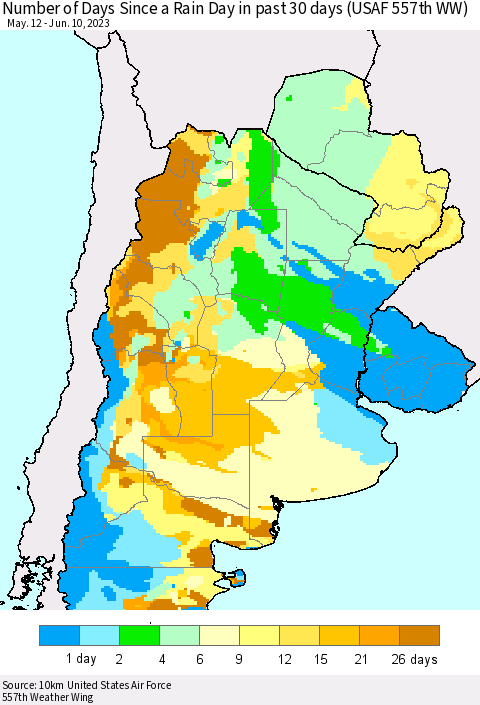 Southern South America Number of Days Since a Rain Day in past 30 days (USAF 557th WW) Thematic Map For 6/6/2023 - 6/10/2023