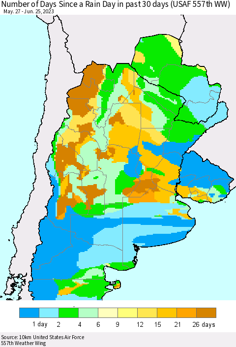 Southern South America Number of Days Since a Rain Day in past 30 days (USAF 557th WW) Thematic Map For 6/21/2023 - 6/25/2023