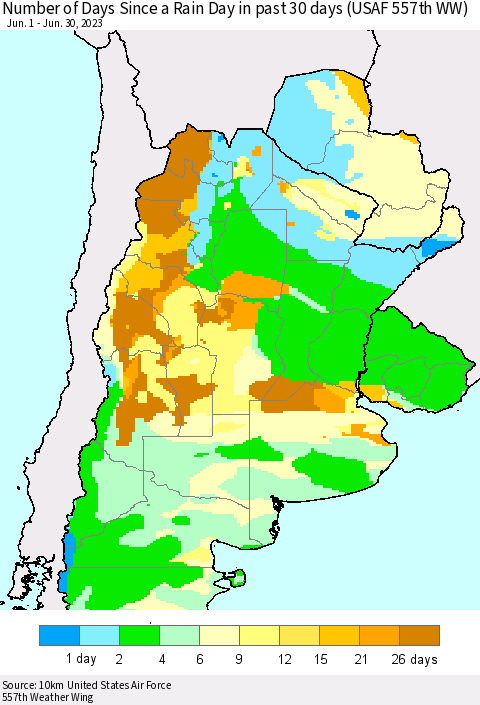 Southern South America Number of Days Since a Rain Day in past 30 days (USAF 557th WW) Thematic Map For 6/26/2023 - 6/30/2023