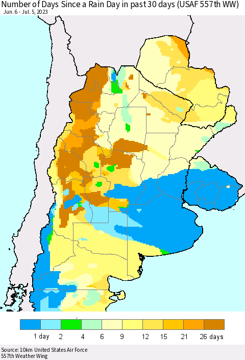 Southern South America Number of Days Since a Rain Day in past 30 days (USAF 557th WW) Thematic Map For 7/1/2023 - 7/5/2023