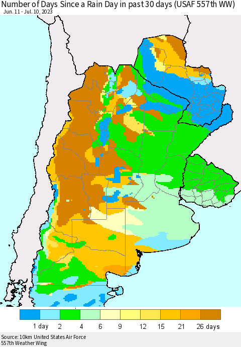 Southern South America Number of Days Since a Rain Day in past 30 days (USAF 557th WW) Thematic Map For 7/6/2023 - 7/10/2023