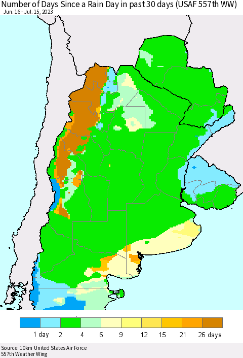 Southern South America Number of Days Since a Rain Day in past 30 days (USAF 557th WW) Thematic Map For 7/11/2023 - 7/15/2023