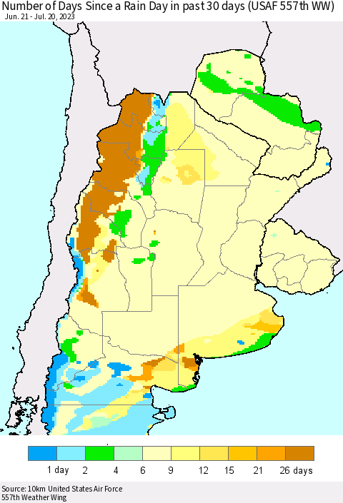 Southern South America Number of Days Since a Rain Day in past 30 days (USAF 557th WW) Thematic Map For 7/16/2023 - 7/20/2023