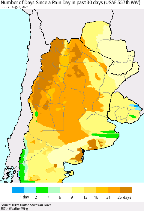 Southern South America Number of Days Since a Rain Day in past 30 days (USAF 557th WW) Thematic Map For 8/1/2023 - 8/5/2023